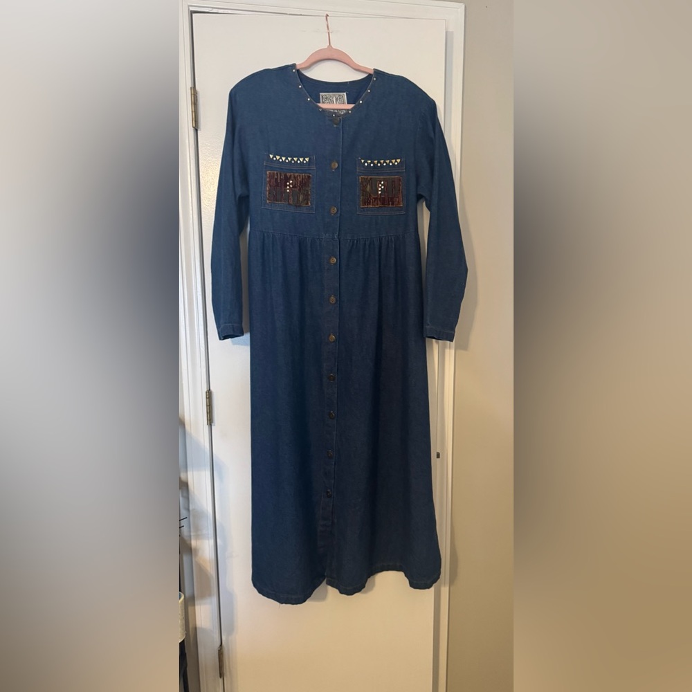 Blue Denim Button-Up Dress tapestry on pockets with metal accents vintage maxi